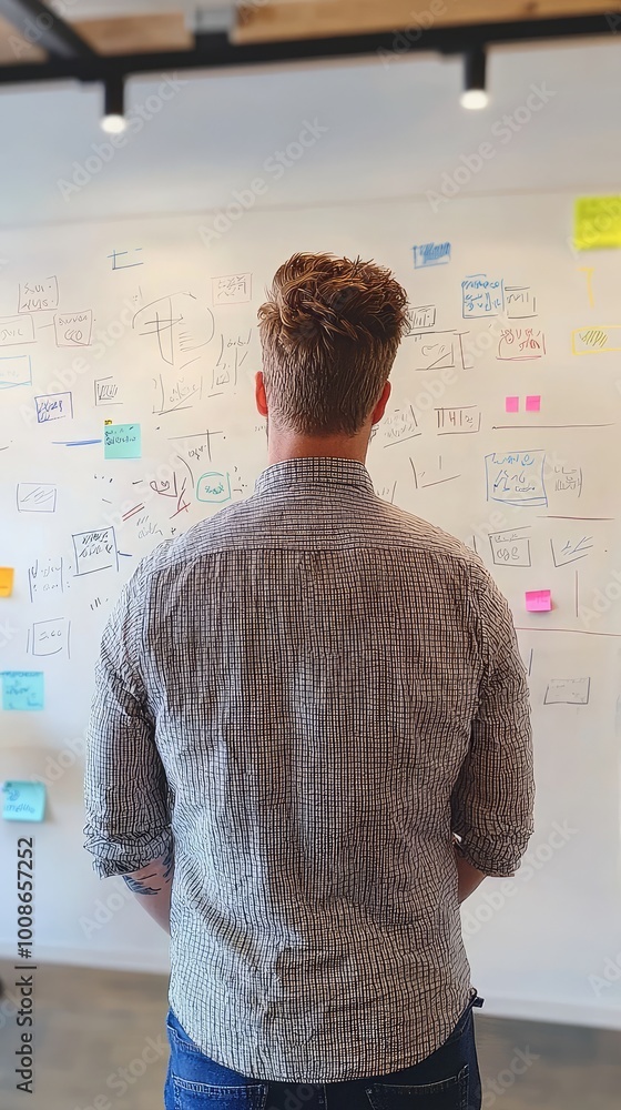 A person analyzing ideas on a wall covered in notes and sketches, showcasing creativity and collaboration in a modern workspace. A person analyzing ideas on a wall covered in notes and sketches, showcasing creativity and collaboration in a modern workspace.