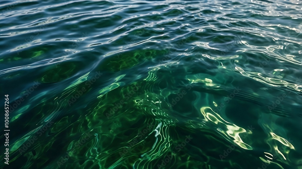 Clear Dark Green Water Surface with Ripples and Splashes, Sunlit Waves from Above for Natural and Cosmetic Use Clear Dark Green Water Surface with Ripples and Splashes, Sunlit Waves from Above for Natural and Cosmetic Use