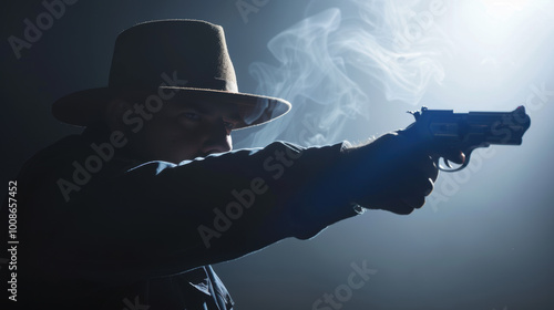 Man in dark suit stands tense and alert in dimly lit alleyway, gun in hand, prepared to defend against unseen threat, intense focus on impending danger.