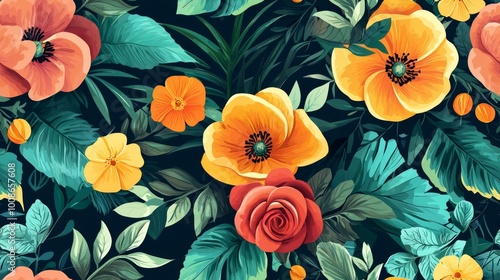 Wallpaper Mural Floral designs with vibrant blooms and leaves on black background. Flowers seamless pattern Torontodigital.ca