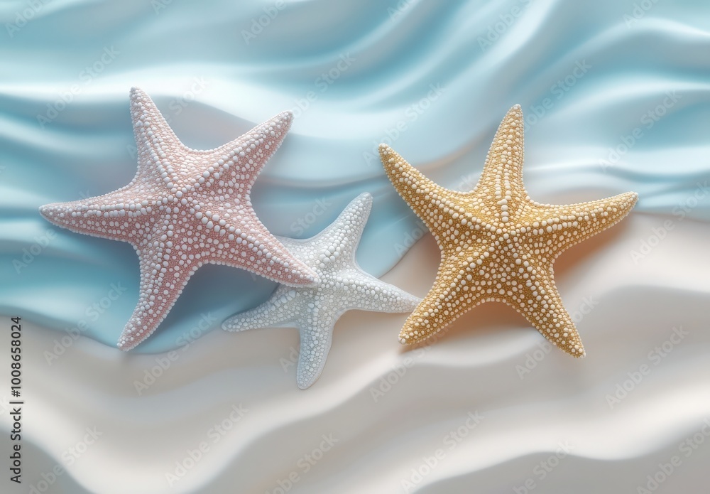 Three colorful starfish displayed on a sandy beach during a sunny day Three colorful starfish displayed on a sandy beach during a sunny day