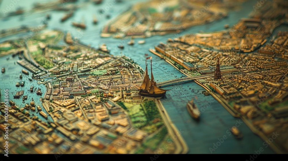 A miniature model city with a ship A miniature model city with a ship