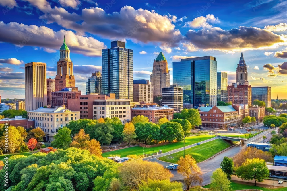 Fototapeta premium Scenic view of downtown Connecticut city skyline with modern buildings and beautiful blue sky