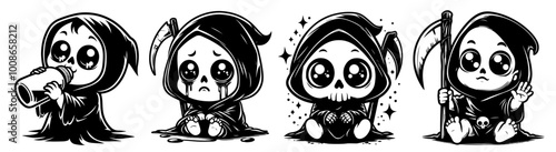 detailed baby grim reaper in cartoon style hand-drawn black vector artwork