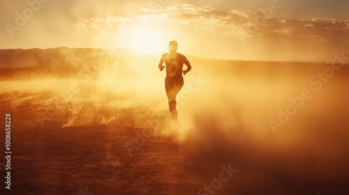 A runner moves through a dusty landscape at sunset, capturing the essence of determination and vitality under a golden sky.