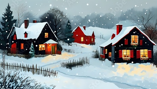 A serene winter village scene with snow-covered houses, softly glowing windows, and falling snowflakes, creating a cozy and festive atmosphere.