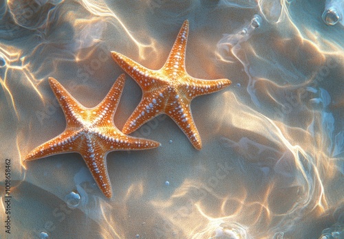 Three vibrant starfish resting on the sandy beach under gentle sunlight photo