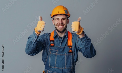 A smiling construction worker gives a thumbs-up wearing a hard hat and safety gear in a studio setting on a neutral background