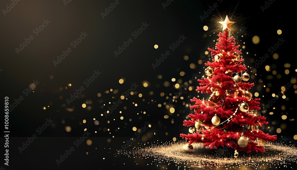 A vibrant red Christmas tree adorned with golden ornaments and a sparkling star, set against a dark background with glimmering lights. A vibrant red Christmas tree adorned with golden ornaments and a sparkling star, set against a dark background with glimmering lights.