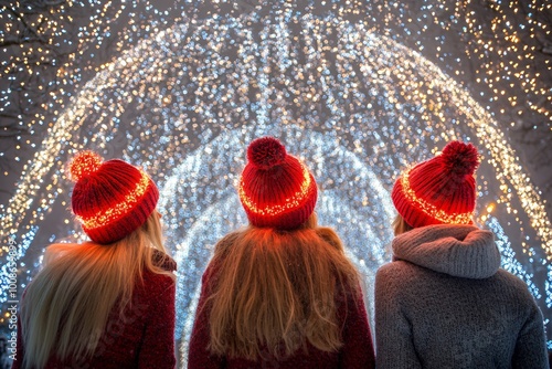 Three people in red hats enjoying a holiday light display