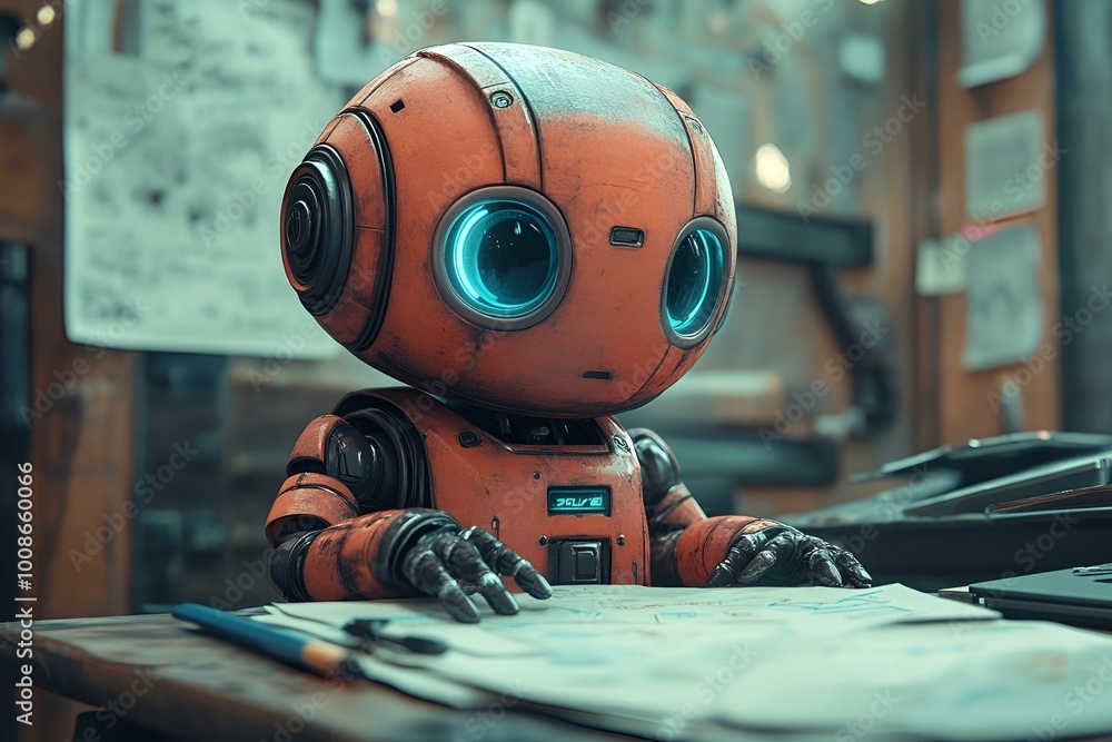 a robot with a blue eye and a round head
a robot with a blue eye and a round head