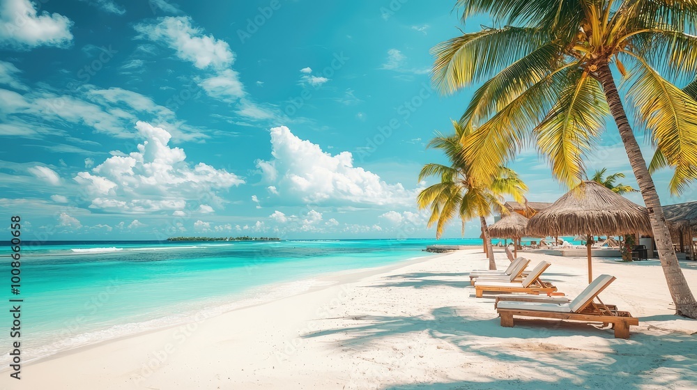 A serene beach scene with palm trees, golden sand, and turquoise water under a bright blue sky, perfect for relaxation and escape. A serene beach scene with palm trees, golden sand, and turquoise water under a bright blue sky, perfect for relaxation and escape.