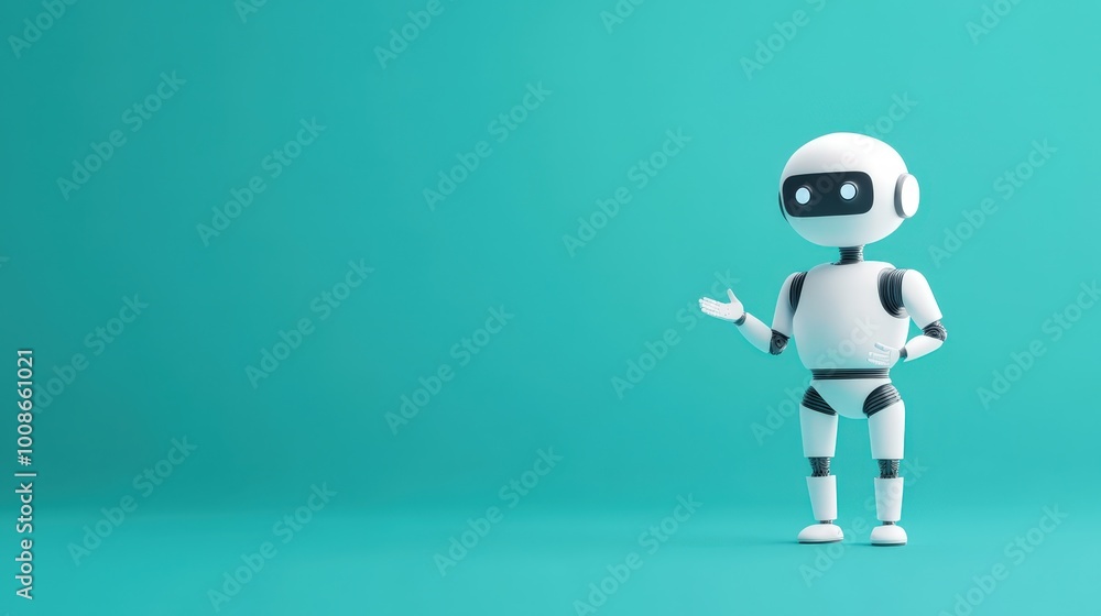 Cute Humanoid Robot Gesturing on Teal Background Cute Humanoid Robot Gesturing on Teal Background