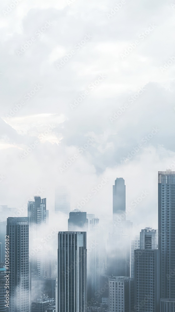 A serene cityscape shrouded in mist, showcasing tall buildings emerging from clouds under a soft, cloudy sky. A serene cityscape shrouded in mist, showcasing tall buildings emerging from clouds under a soft, cloudy sky.