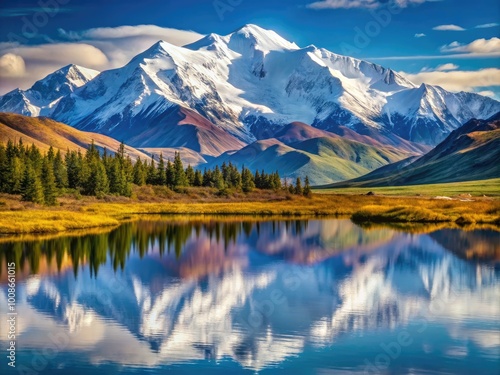 Scenic View of Mount McKinley with Majestic Peaks and Clear Blue Sky in Alaska's Wilderness Landscape