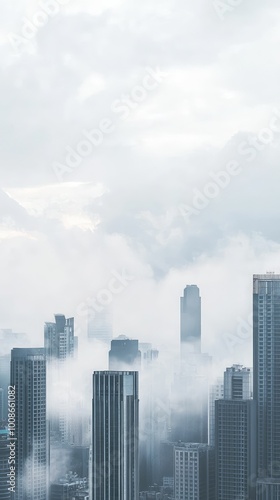 A serene cityscape shrouded in mist, showcasing tall buildings emerging from clouds under a soft, cloudy sky.