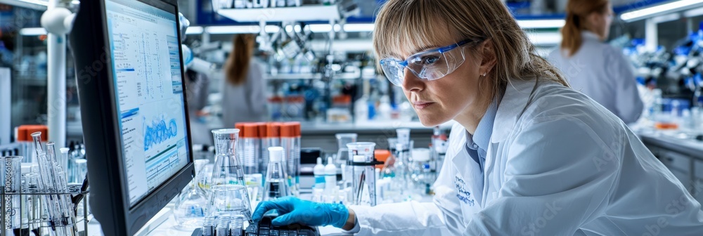 Chemist reviewing chemical data on a computer, surrounded by lab equipment and technical reports, focused on precision Chemist reviewing chemical data on a computer, surrounded by lab equipment and technical reports, focused on precision