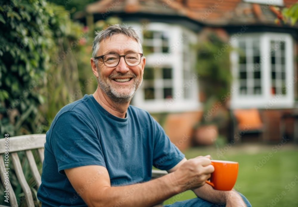 Man enjoying a warm beverage in a sunny garden setting at a cozy home, smiling contentedly while seated on a wooden bench Man enjoying a warm beverage in a sunny garden setting at a cozy home, smiling contentedly while seated on a wooden bench