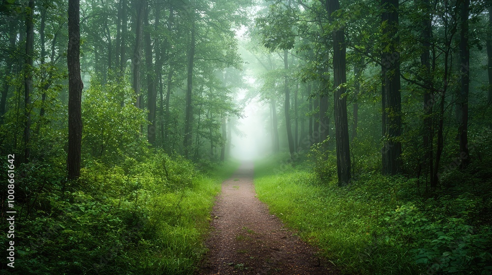 Fototapeta premium A serene forest path surrounded by tall trees and soft fog, evoking calmness and tranquility in nature.