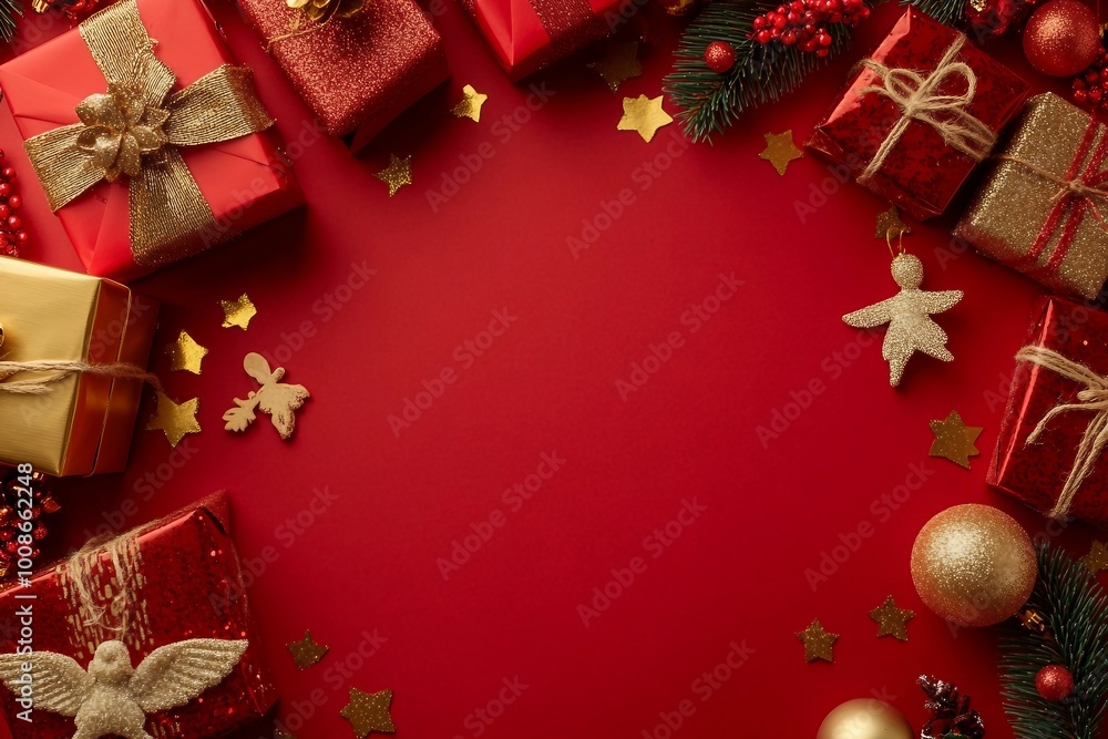 Delight and merrymaking in Season Greetings postcard theme. Top view of polished gift boxes, baubles, angel toy, golden confetti on cheerful red background, shaping space for personalized wishes Delight and merrymaking in Season Greetings postcard theme. Top view of polished gift boxes, baubles, angel toy, golden confetti on cheerful red background, shaping space for personalized wishes