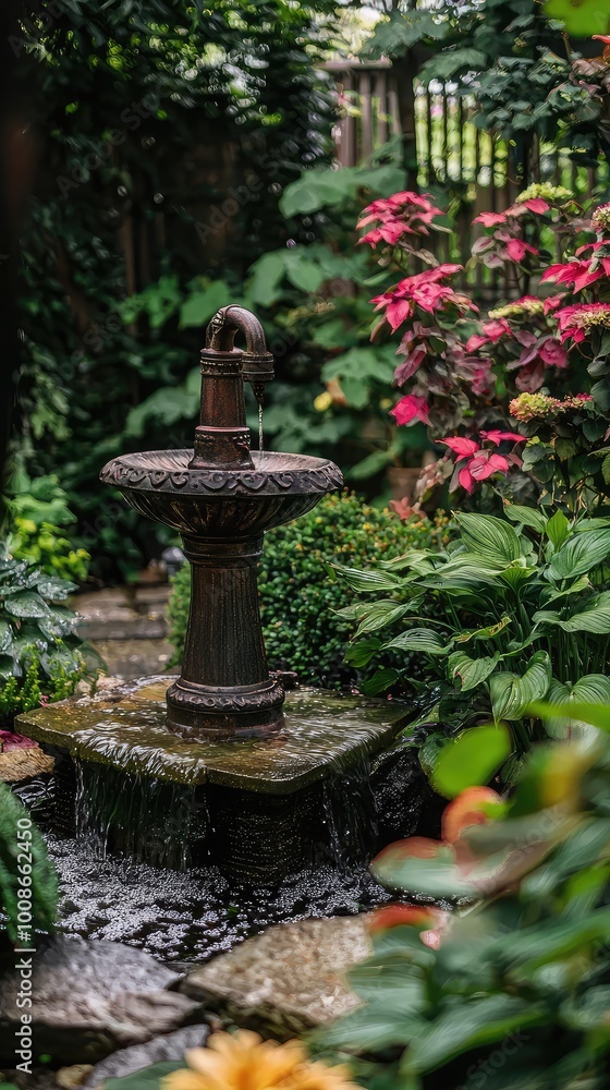 A serene garden scene with a charming fountain surrounded by vibrant flowers and lush greenery, perfect for relaxation and tranquility.