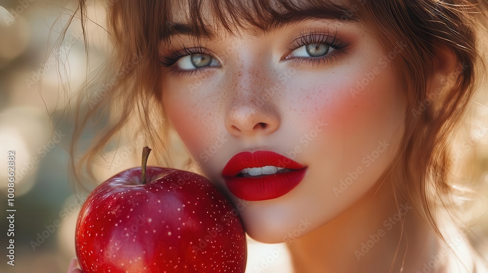 beautiful woman with striking red lips holds a shiny apple close to her face capturing elegance and freshness the soft focus enhancing her stunning features and makeup beautiful woman with striking red lips holds a shiny apple close to her face capturing elegance and freshness the soft focus enhancing her stunning features and makeup