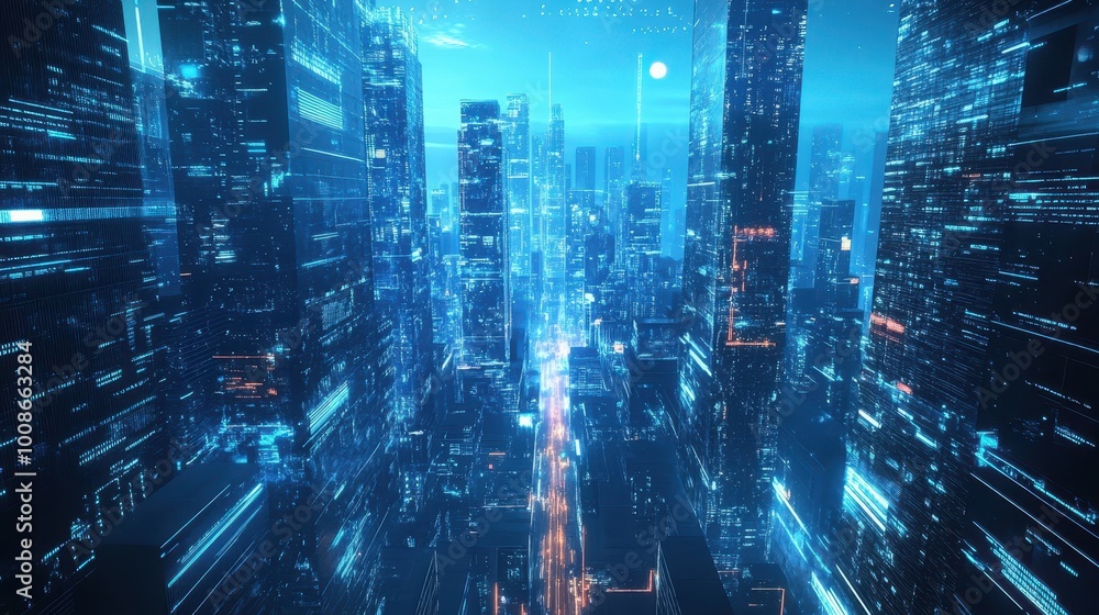 Futuristic Cyberpunk City Skyline at Night with Glowing Neon Lights Futuristic Cyberpunk City Skyline at Night with Glowing Neon Lights