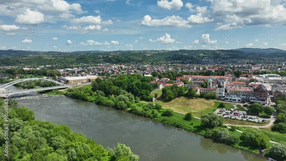 Nowy Sacz riverside city in Polish mountainside by Dunajec river aerial panorama Nowy Sacz riverside city in Polish mountainside by Dunajec river aerial panorama
