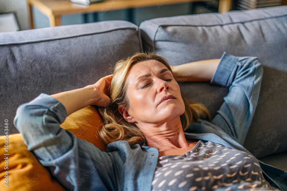 Obraz premium A woman in his late 30s, slumped on a couch with her head tilted back and eyes half-closed