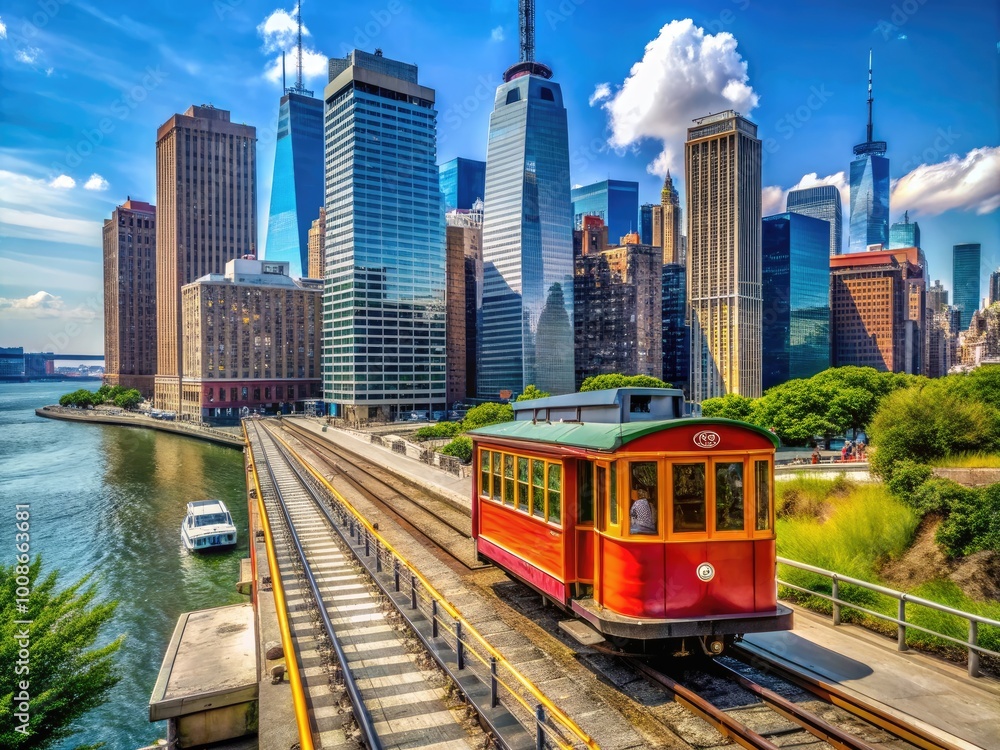 Naklejka premium Scenic view of the Roosevelt Tramway in New York City with skyline and waterfront background