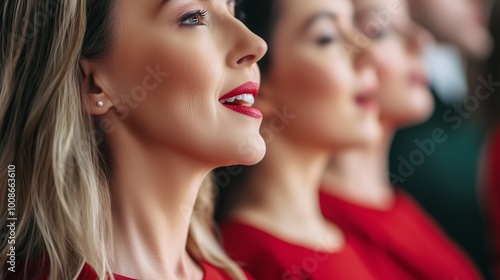 A group of women in red dresses singing together, showcasing harmony and elegance in a vibrant setting.