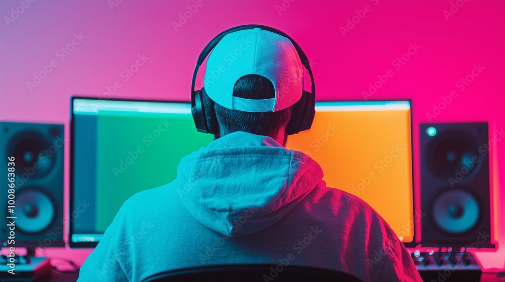 A person focused on dual computer screens with vibrant backgrounds and headphones, immersed in creative digital work or gaming. A person focused on dual computer screens with vibrant backgrounds and headphones, immersed in creative digital work or gaming.
