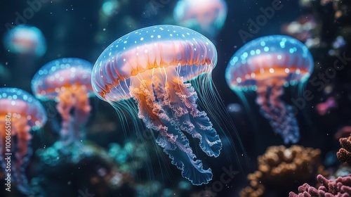 bioluminescent jellyfish gracefully drift through a vibrant underwater realm illuminating the dark water with ethereal blue and green glows surrounded by colorful coral reefs