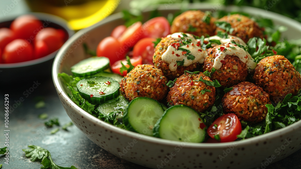 Eye-Level View of Falafel Salad with Tahini Drizzle Eye-Level View of Falafel Salad with Tahini Drizzle