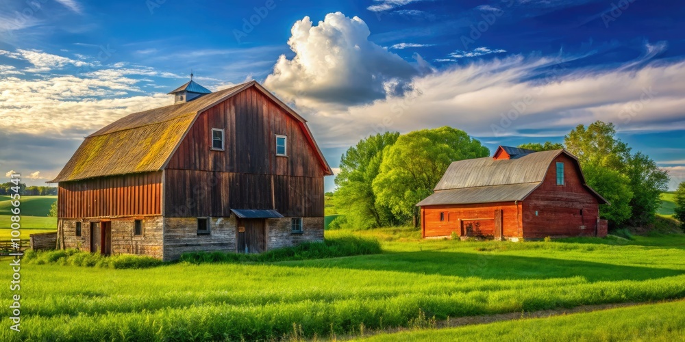 Scenic Views of Rustic Old Barns Surrounded by Lush Green Fields and Clear Blue Skies Scenic Views of Rustic Old Barns Surrounded by Lush Green Fields and Clear Blue Skies