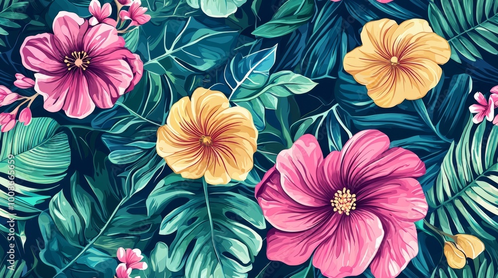 Floral designs with vibrant blooms and leaves on black background. Flowers seamless pattern Floral designs with vibrant blooms and leaves on black background. Flowers seamless pattern