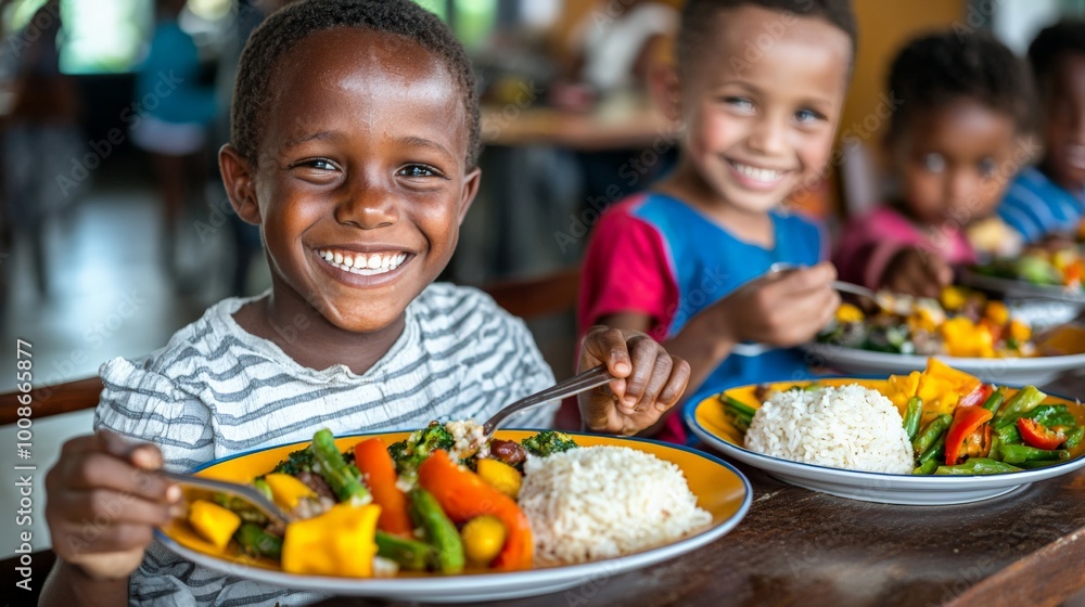 Children enjoying a simple, healthy meal in a modest restaurant, the colorful plates filled with vegetables and rice, showcasing the accessibility of good nutrition in an informal setting Children enjoying a simple, healthy meal in a modest restaurant, the colorful plates filled with vegetables and rice, showcasing the accessibility of good nutrition in an informal setting