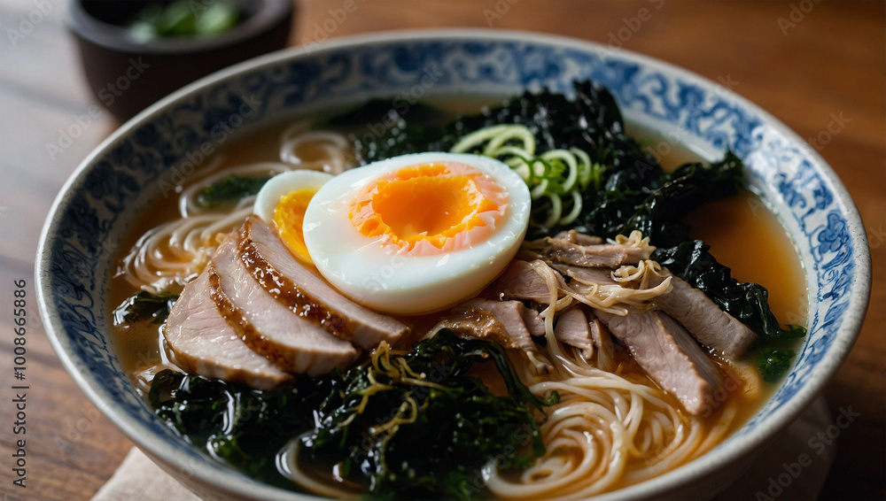 Hot bowl of ramen with sliced pork, seaweed, and a soft-boiled egg, with steam swirling above the broth. Hot bowl of ramen with sliced pork, seaweed, and a soft-boiled egg, with steam swirling above the broth.