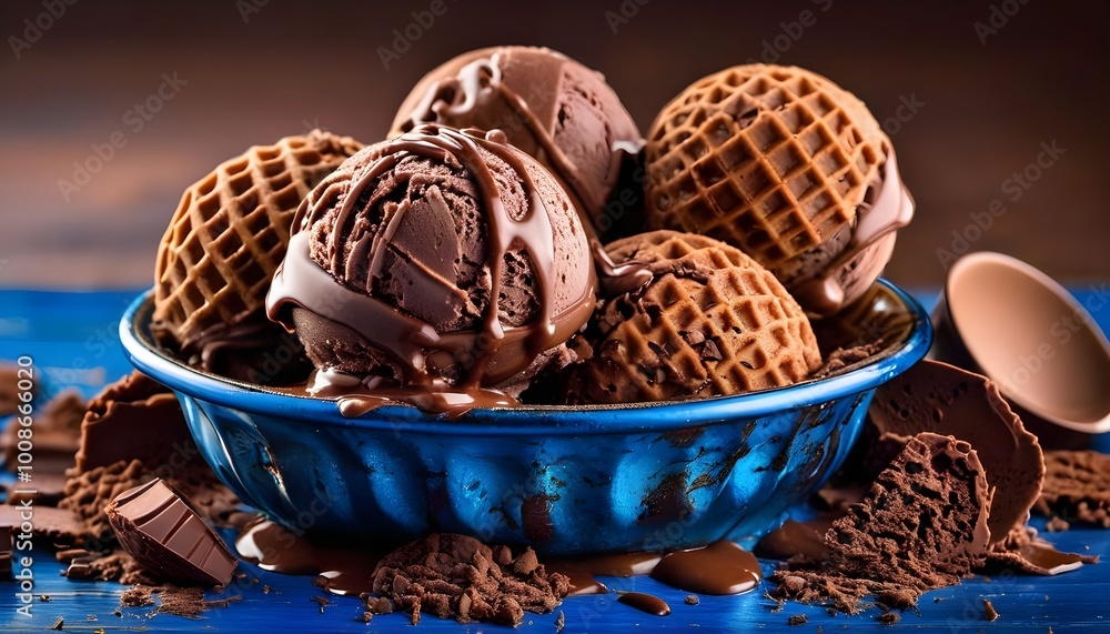 chocolate ice cream in bowl, rich chocolate ice cream in metallic cup: waffle cone and chocolate shavings chocolate ice cream in bowl, rich chocolate ice cream in metallic cup: waffle cone and chocolate shavings