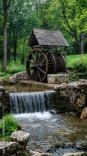 A serene water mill surrounded by lush greenery and a gentle stream, showcasing nature's beauty and tranquility.