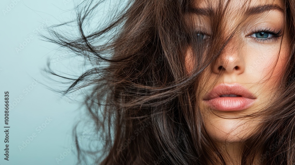 A close-up of a woman's face partly veiled by her flowing hair, offering an intriguing glimpse of her features, capturing mystery and allure. A close-up of a woman's face partly veiled by her flowing hair, offering an intriguing glimpse of her features, capturing mystery and allure.