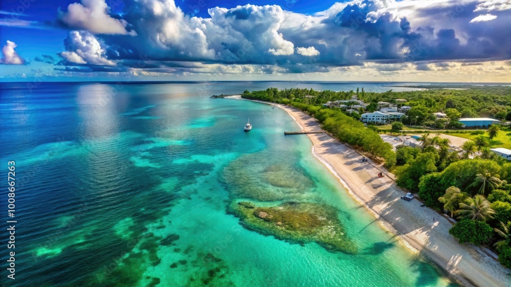 Fototapeta premium Serene Beachfront Scene in Grand Cayman with Crystal Clear Waters and Lush Tropical Landscapes