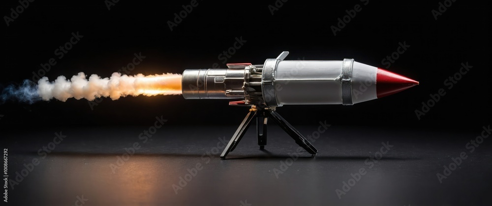 A powerful rocket model igniting with flame and smoke, symbolizing technology, innovation, and aerospace exploration.