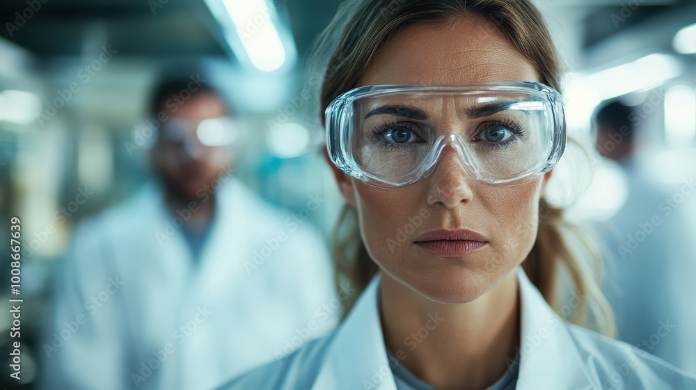 A resolute female scientist stands in a futuristic laboratory, showcasing confidence and professionalism with clear protective goggles and focused demeanor. A resolute female scientist stands in a futuristic laboratory, showcasing confidence and professionalism with clear protective goggles and focused demeanor.