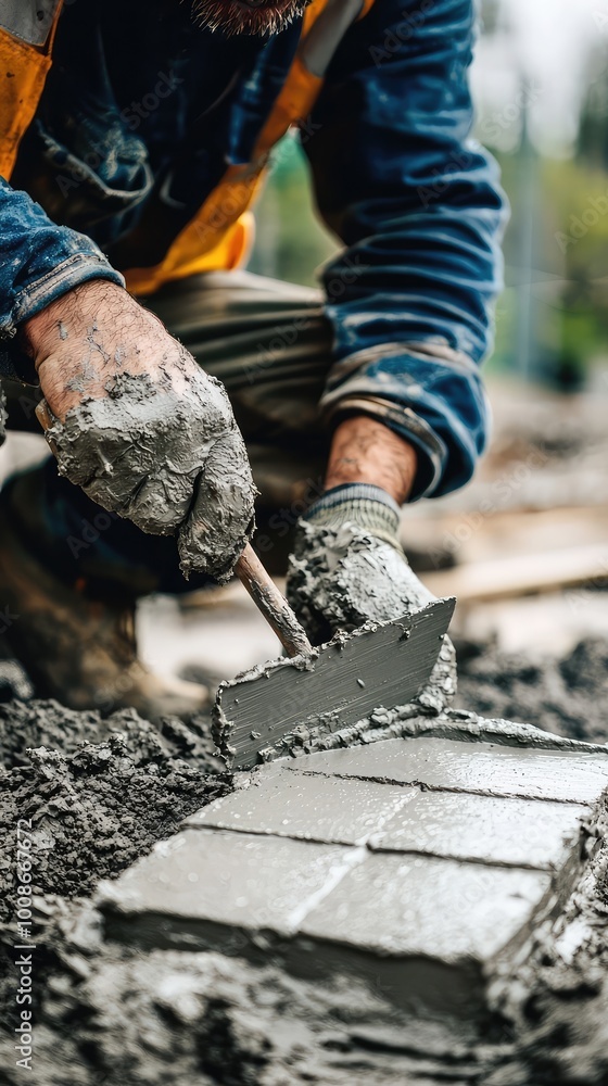 A skilled worker applying cement to create a smooth surface, showcasing craftsmanship at a construction site. A skilled worker applying cement to create a smooth surface, showcasing craftsmanship at a construction site.