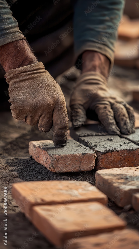 A skilled worker laying bricks with precision, showcasing craftsmanship and focus on construction in a gritty setting. A skilled worker laying bricks with precision, showcasing craftsmanship and focus on construction in a gritty setting.