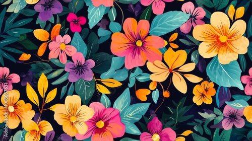 Floral designs with vibrant blooms and leaves on black background. Flowers seamless pattern