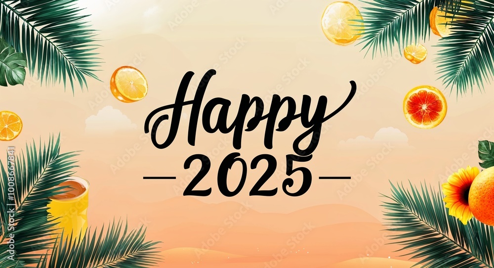 Obraz premium happy 2025 calligraphic word lettering on summer concept holiday design background