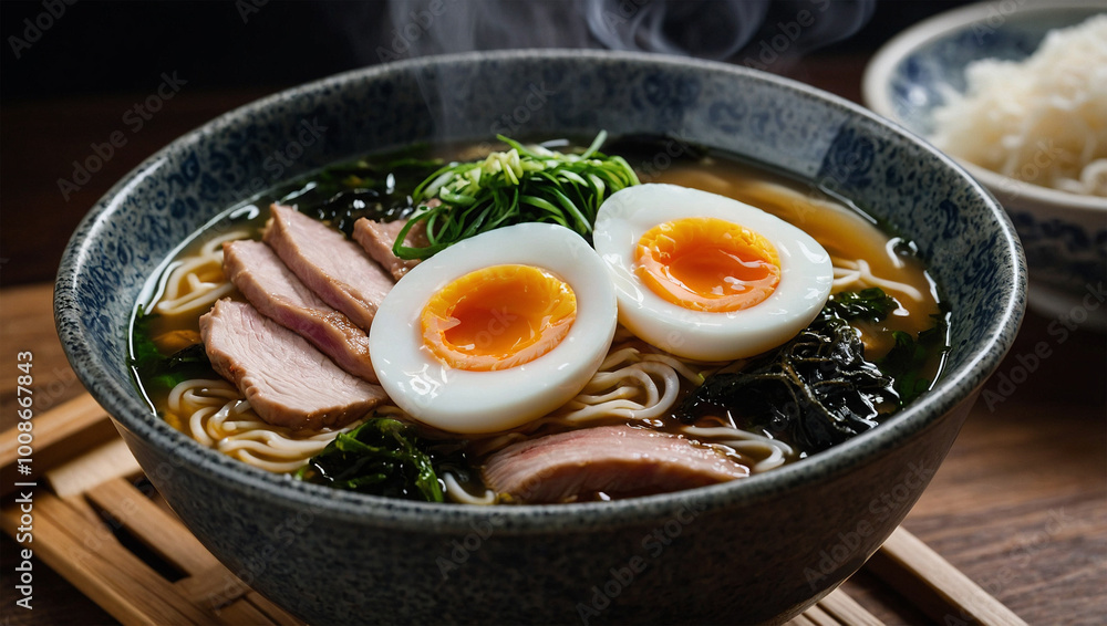 Hot bowl of ramen with sliced pork, seaweed, and a soft-boiled egg, with steam swirling above the broth. Hot bowl of ramen with sliced pork, seaweed, and a soft-boiled egg, with steam swirling above the broth.