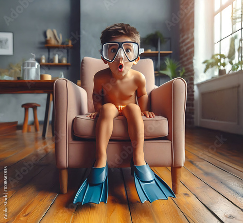 kleiner Junge Kind in Badehose mit Taucherbrille sitzt auf Sessel in Wohnzimmer und schaut neugierig erstaunt Sommer Ferien Vorlage für Reise Angebote erstaunter Blick überrascht fasziniert Vorfreude